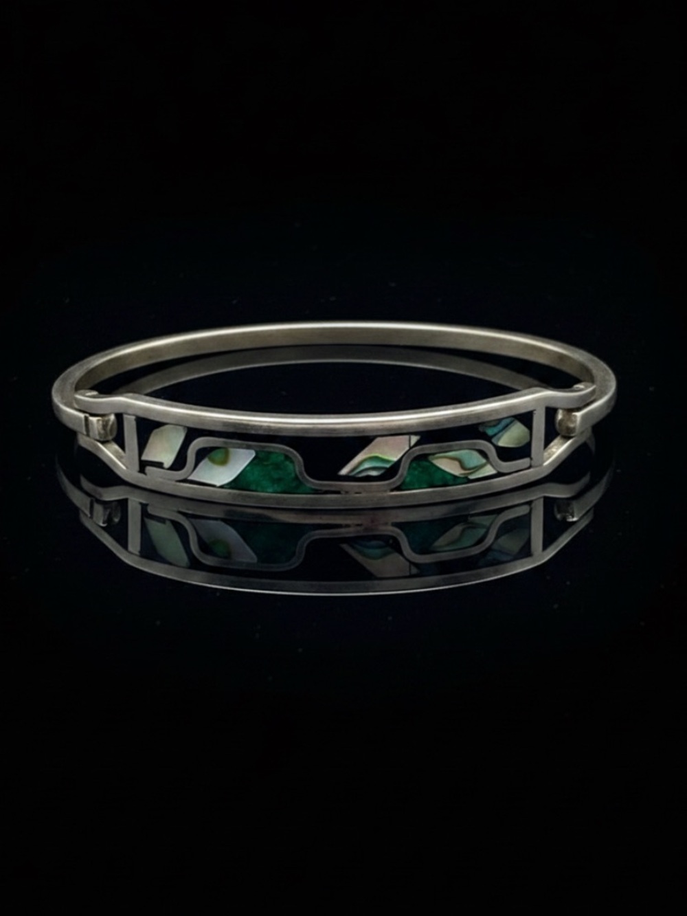 VTG Taxco Mexico Sterling Silver Inlay Bangle Bracelet 925 Abalone Onyx 15g